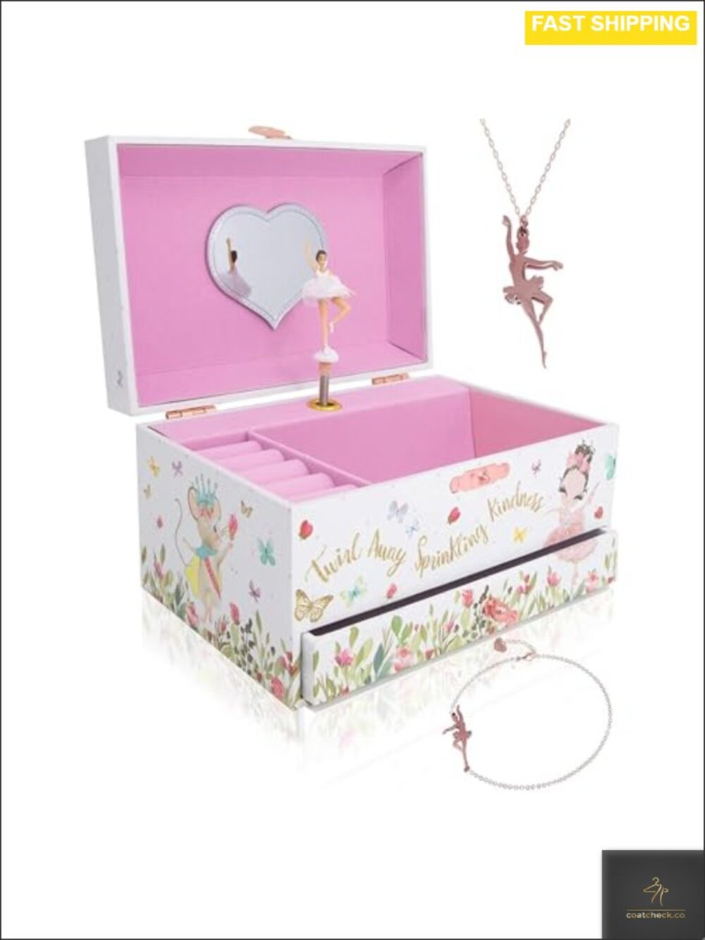 Ballerina Musical Jewelry Box MDF Wood 2 Fabric Lined Compartments Kids
